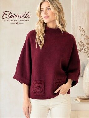 ETERNELLE Mock Turtle Neck Bat Sleeve Merlot Red Sweater Crochet  Detail M/L